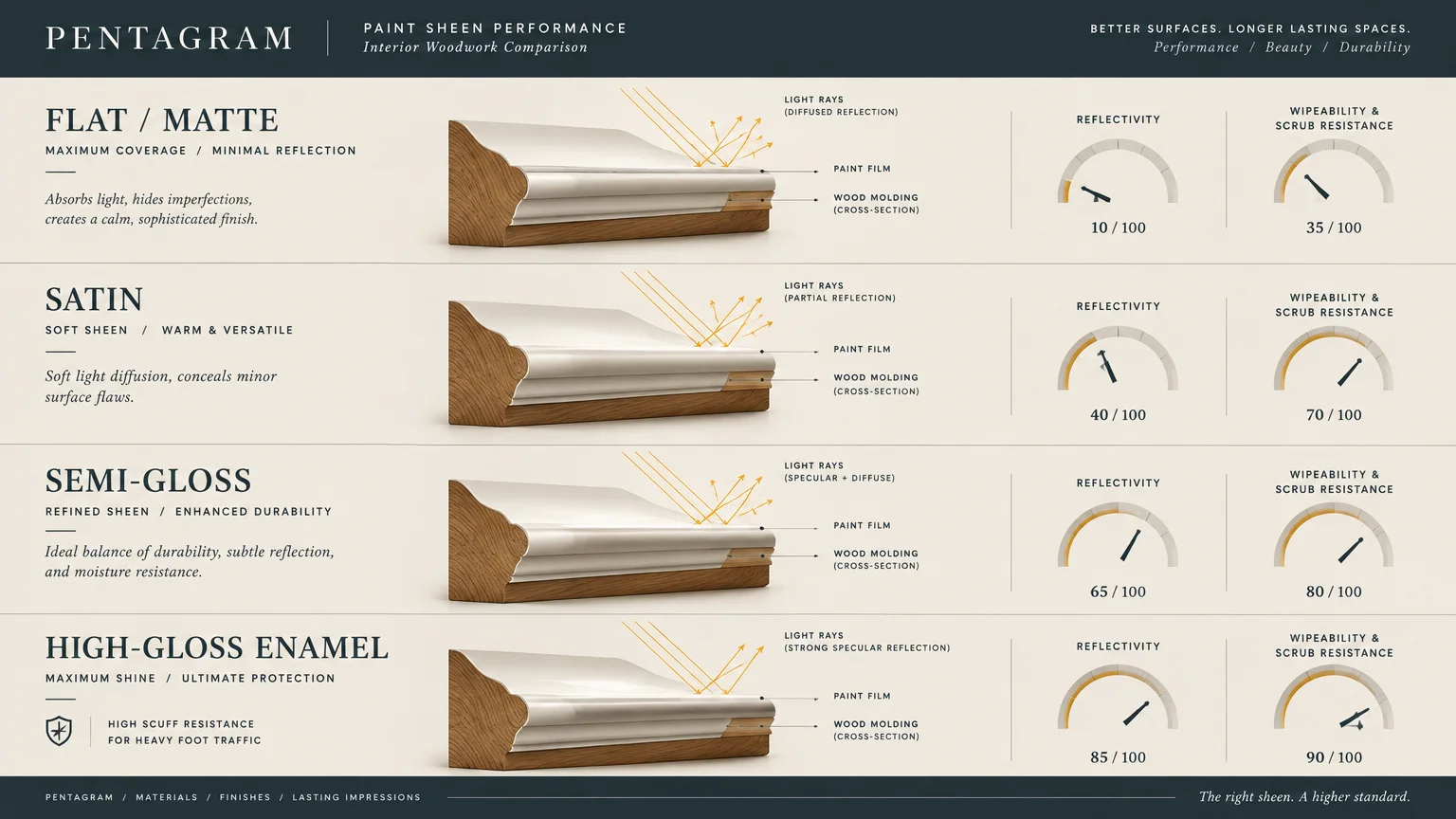 Paint sheen comparison chart showing light reflection and scrub resistance dials across four wood trim finishes.