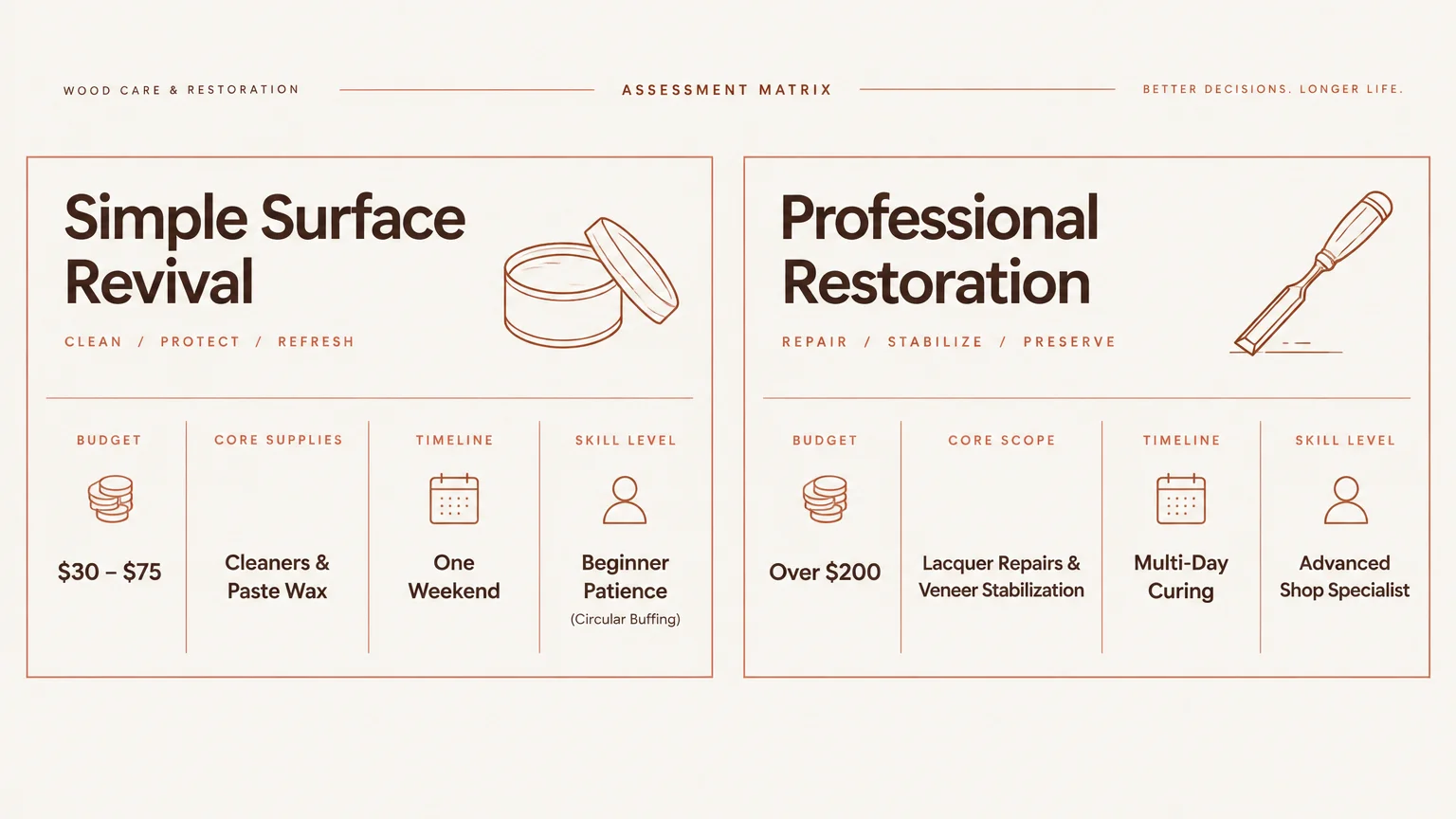 Diagram comparing simple surface revival and professional restoration with costs, supplies, timelines, and skill levels.