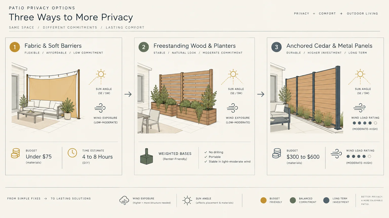 Diagram comparing three patio privacy options: fabric barriers, freestanding planter screens, and anchored cedar panels.