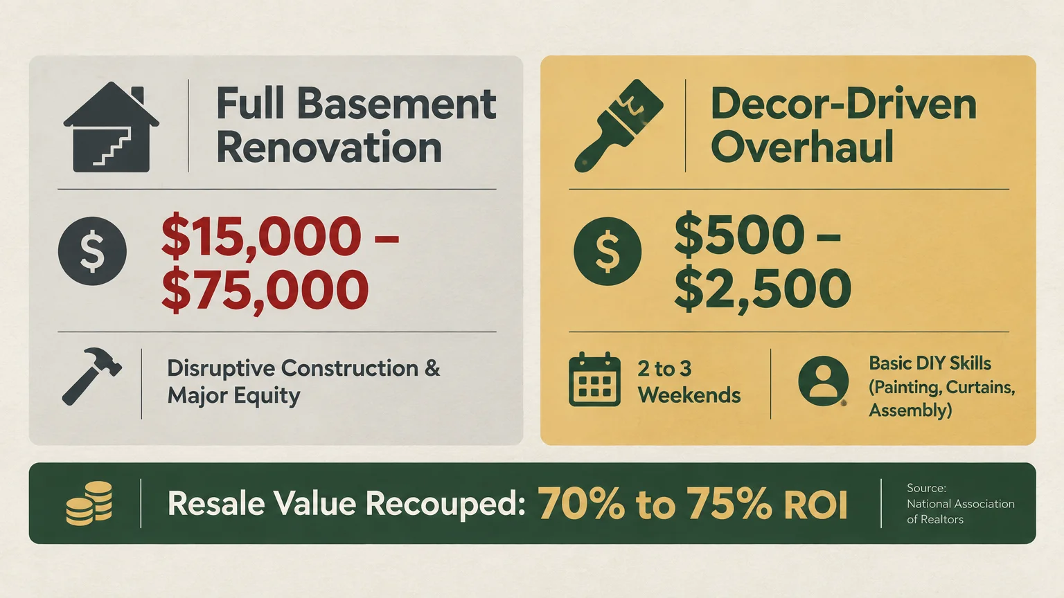 Graphic comparing full basement renovations costing $15,000-$75,000 with decor-driven overhauls costing $500-$2,500.