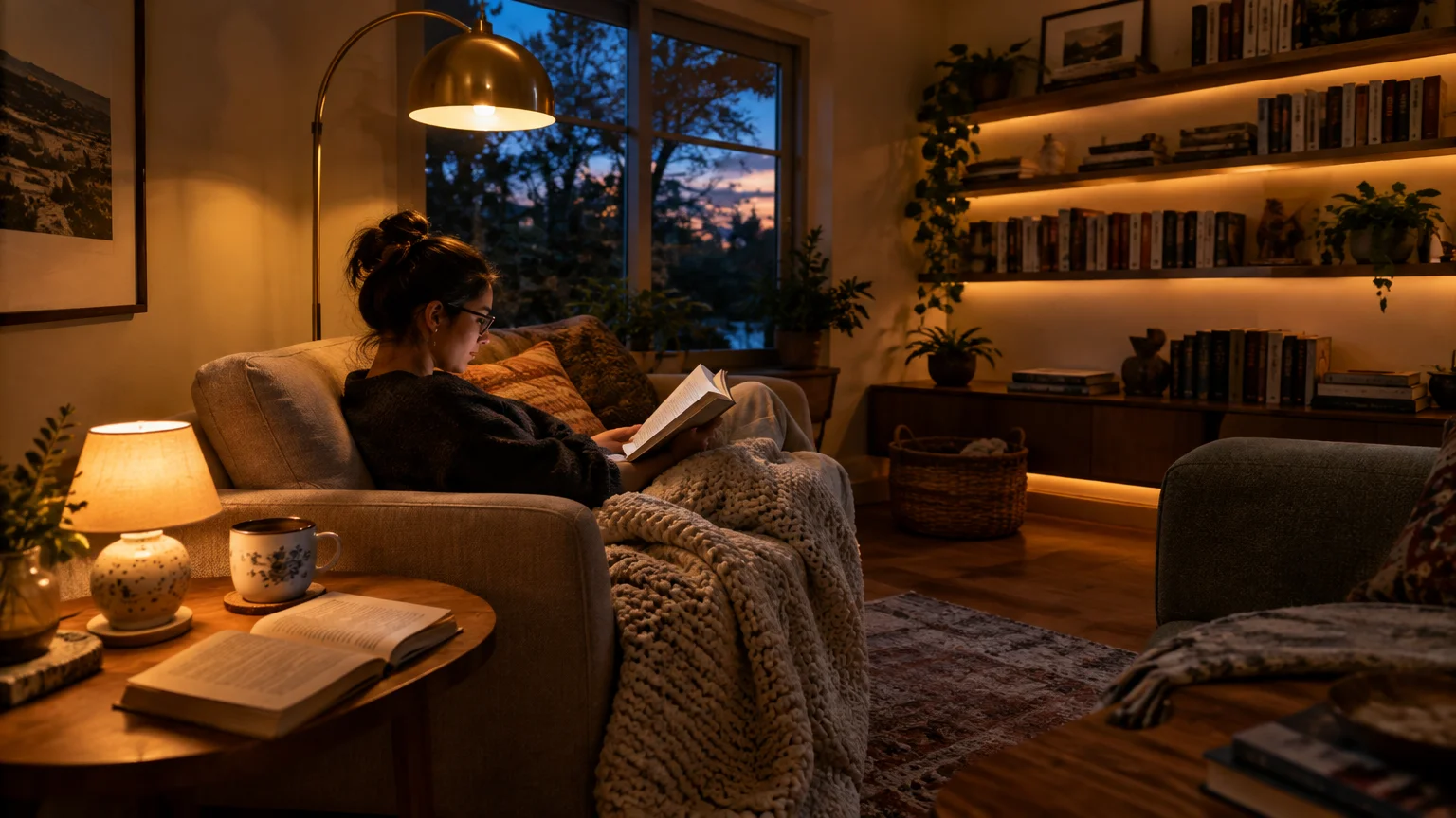 A woman reading on a cozy sofa lit by an arched brass floor lamp, small table lamp, and warm backlit bookshelves.