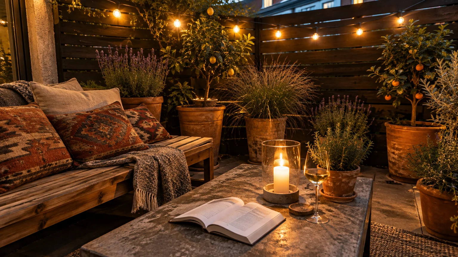 Cozy evening patio featuring a wooden bench with patterned cushions, string lights, potted plants, and a candle on a table.