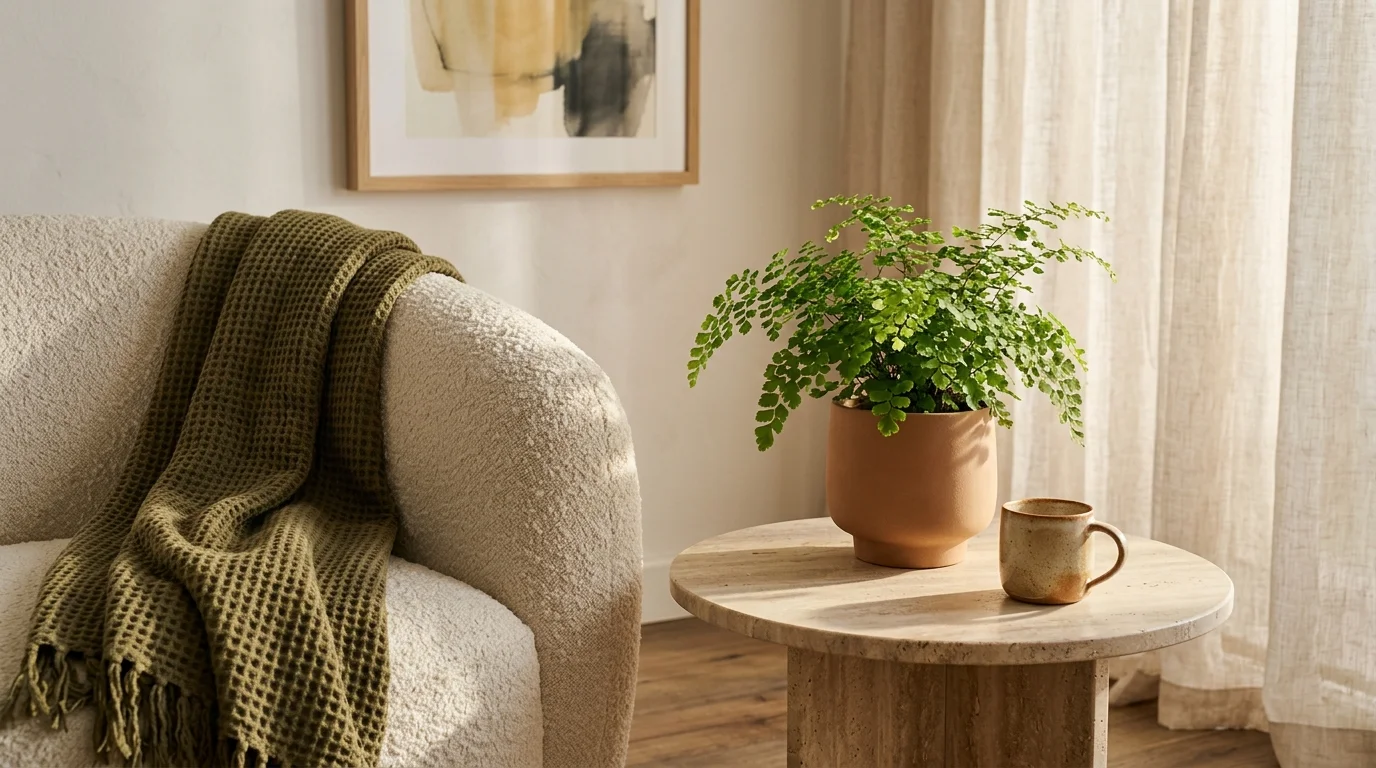Green throw blanket on a bouclé chair next to a potted fern and ceramic mug on a stone side table.