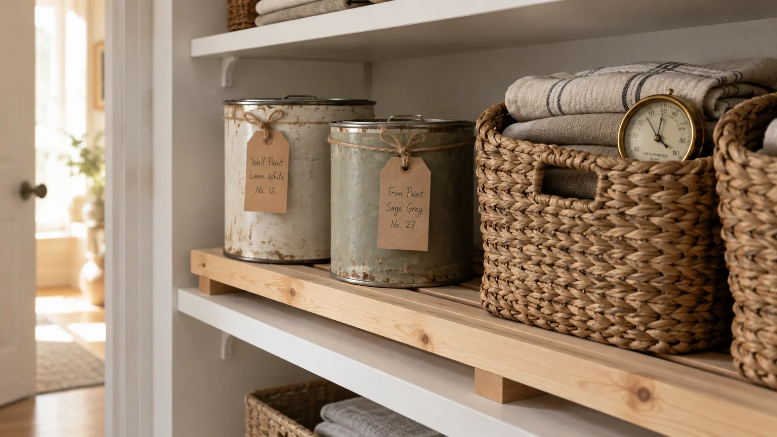 Labeled vintage paint cans and woven baskets filled with folded linens sit on a wooden slatted riser on a shelf.