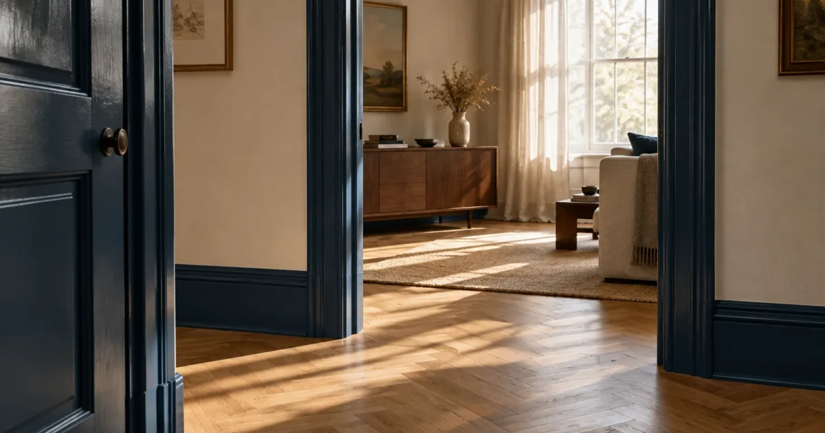Deep blue door frame and baseboards contrasting with cream walls in a sunlit room with herringbone wood floors.