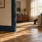 Deep blue door frame and baseboards contrasting with cream walls in a sunlit room with herringbone wood floors.