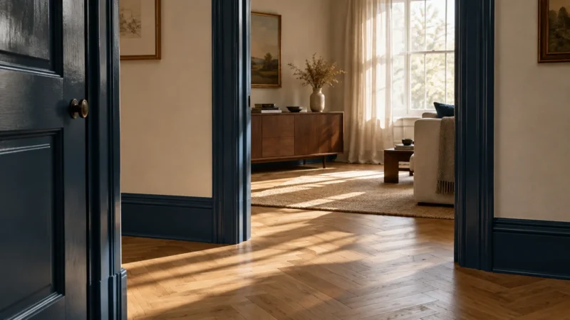 Deep blue door frame and baseboards contrasting with cream walls in a sunlit room with herringbone wood floors.