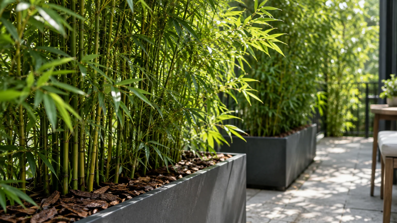 Tall green bamboo growing densely in dark gray trough planters along a sunny stone patio.
