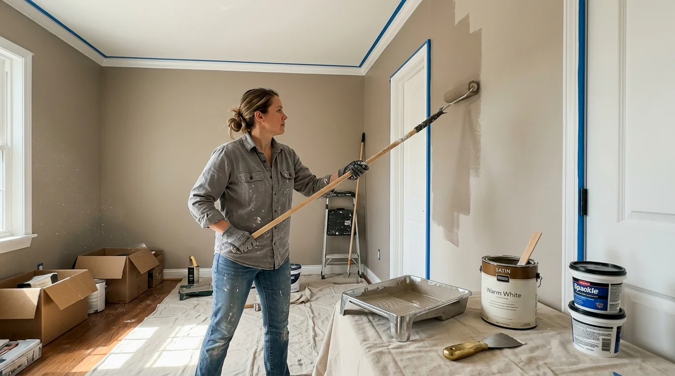 A woman uses a paint roller on an extension pole to apply beige paint to a room's wall near painter's tape and supplies.