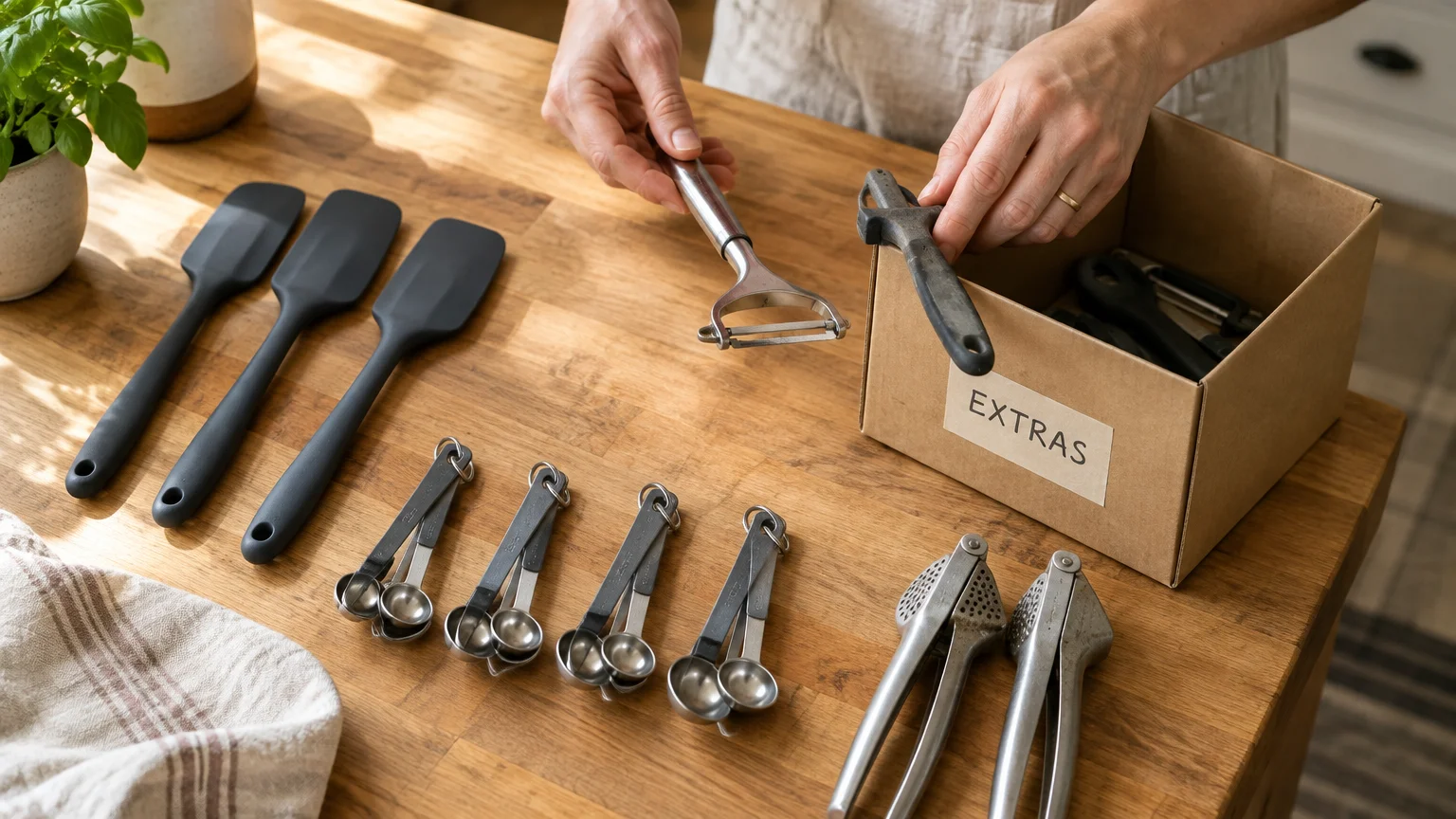 Person sorting duplicate kitchen utensils on a wooden table, placing an extra peeler into a box labeled extras.
