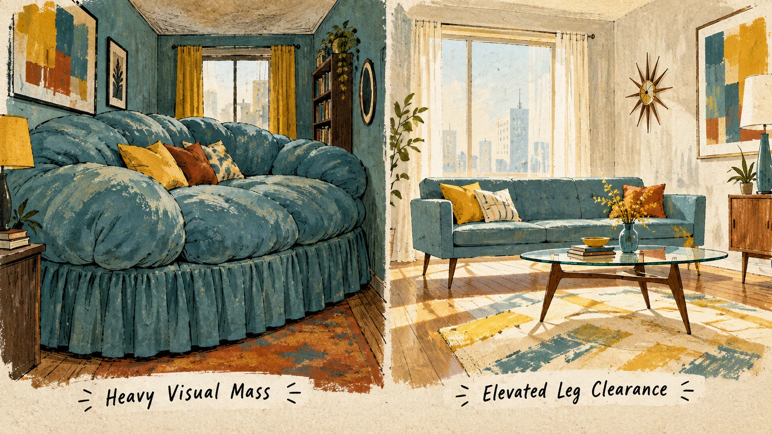 Side-by-side illustration comparing a bulky skirted sofa labeled Heavy Visual Mass to a sleek sofa with elevated leg clearance.
