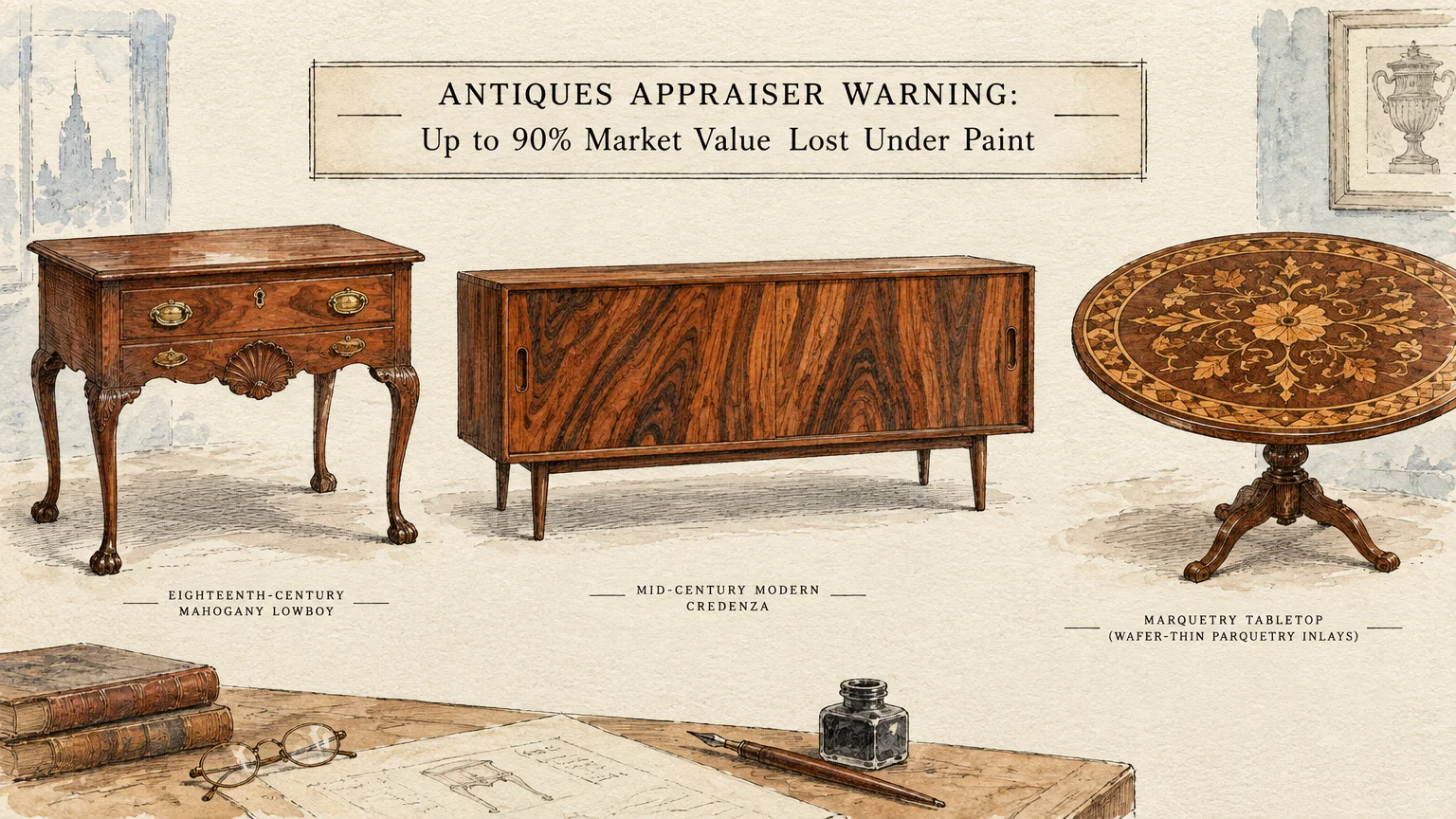 Illustration of an antique lowboy, mid-century credenza, and marquetry table under an appraiser warning text banner.