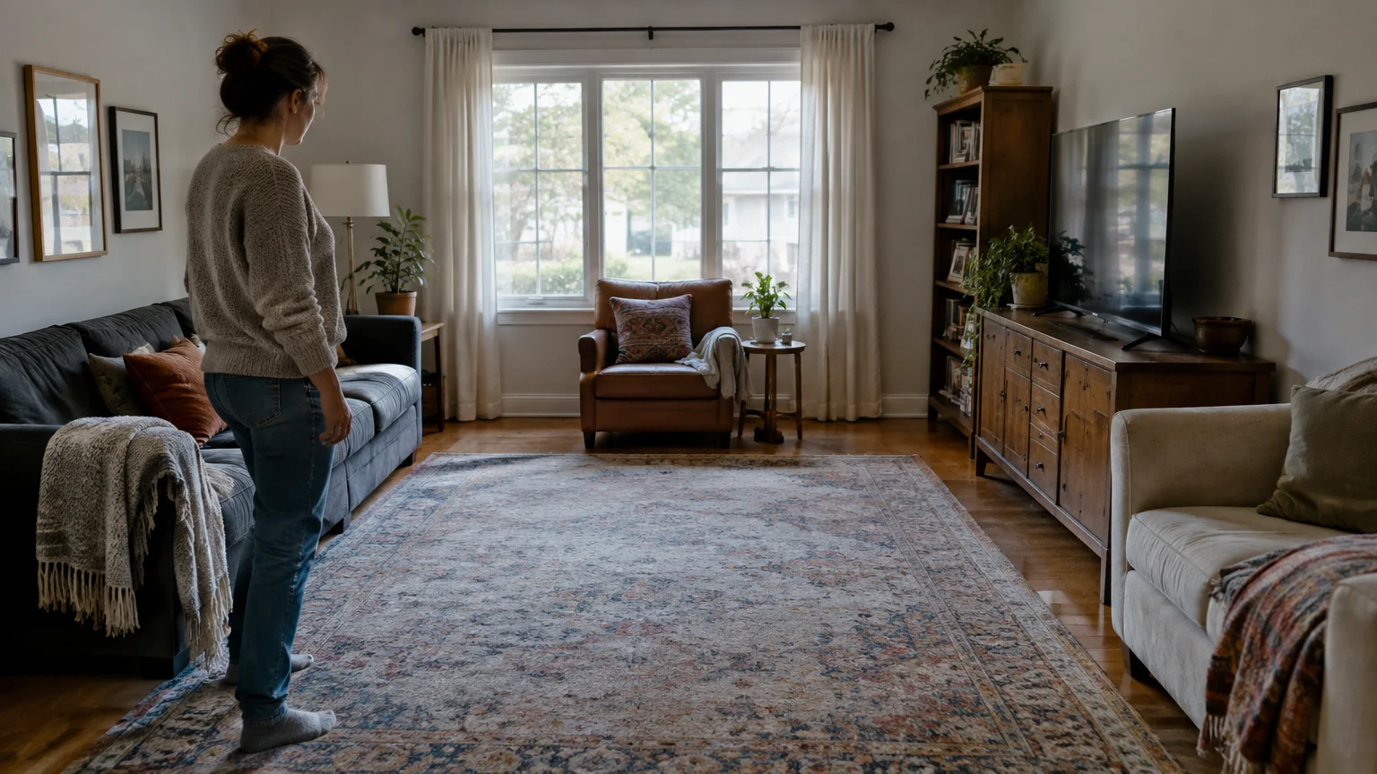 Woman standing in a living room looking at a large empty rug with seating pushed against the perimeter walls.