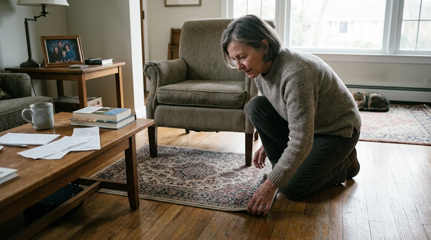 A woman kneels on a hardwood floor, adjusting a small patterned area rug between a coffee table and an armchair.