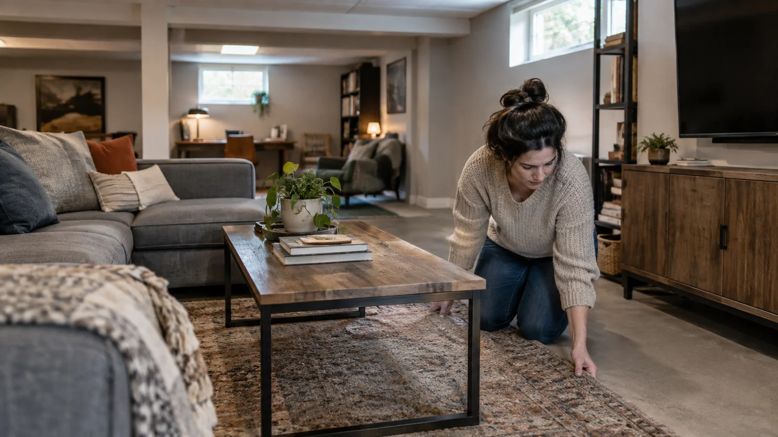A woman kneels on the floor adjusting a patterned area rug beside a wooden coffee table in a finished basement lounge.