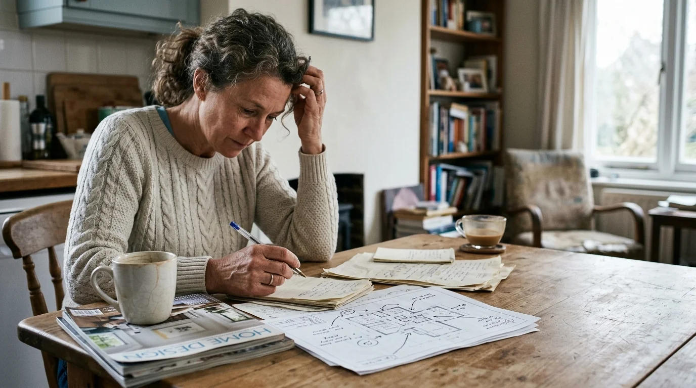A woman sits at a wooden table writing notes beside floor plans, magazines, and a coffee mug.