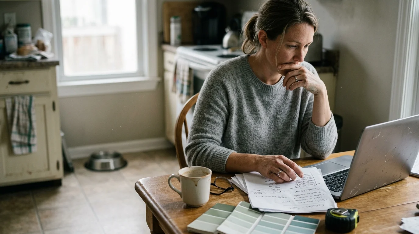 Woman sitting at a kitchen table reviewing paperwork next to a laptop, paint swatches, tape measure, and coffee mug.