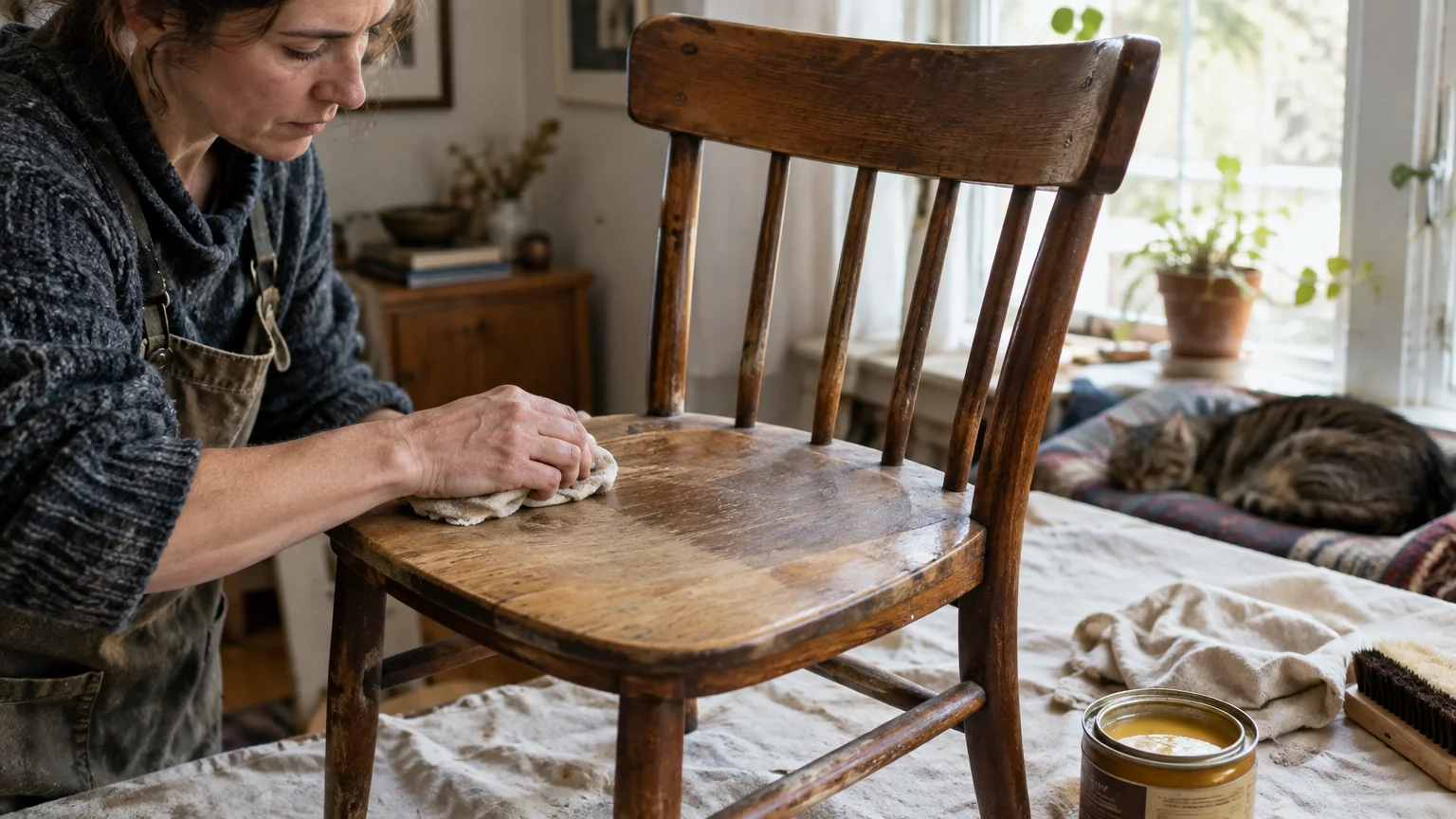 A woman rubbing a cloth over a worn wooden chair seat beside an open tin of wax on a worktable.