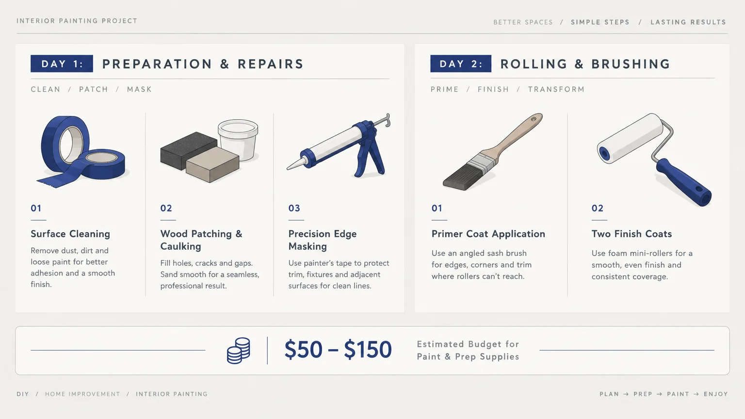 Two-day painting infographic showing preparation supplies on Day 1, brush and roller on Day 2, and a $50 to $150 budget.