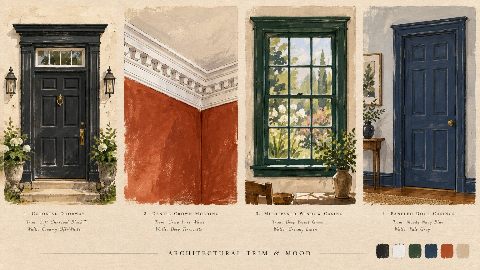 Four illustrated architectural scenes showing painted door trim, crown molding, and window casings with color swatches below.