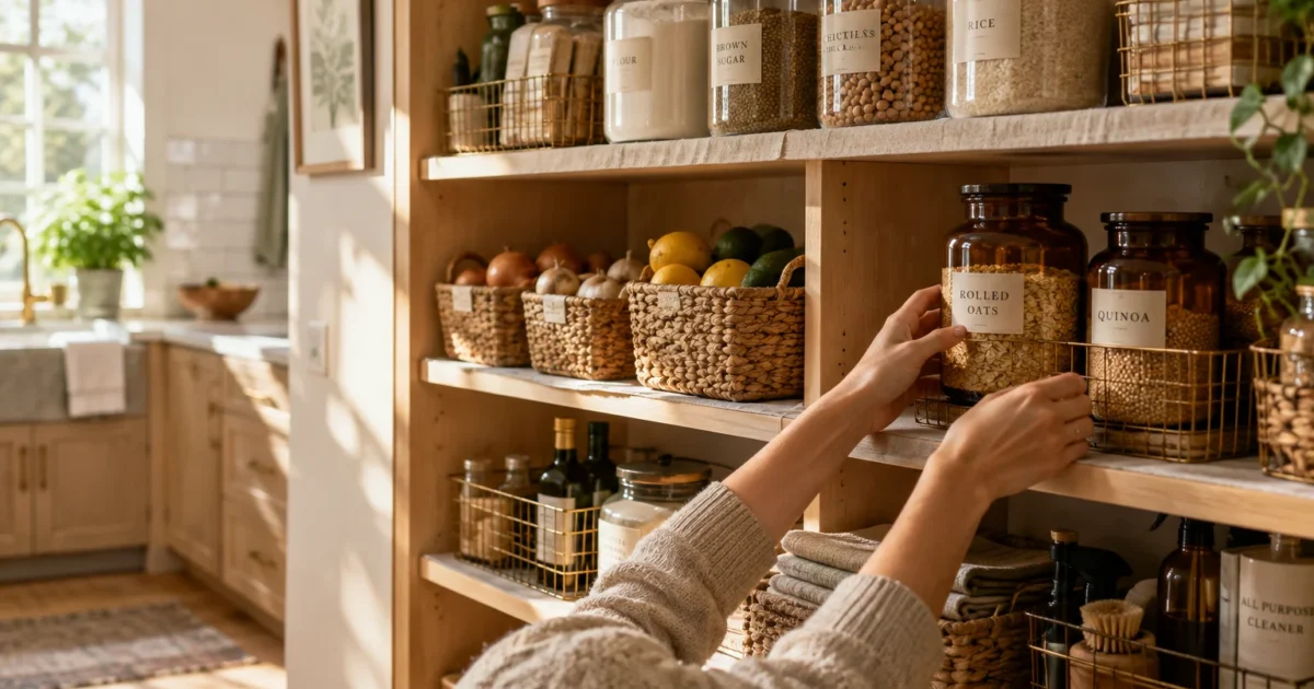 Hands placing a jar of rolled oats on wooden pantry shelves stocked with dry goods and woven baskets.