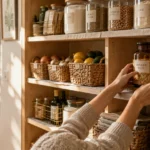 Hands placing a jar of rolled oats on wooden pantry shelves stocked with dry goods and woven baskets.