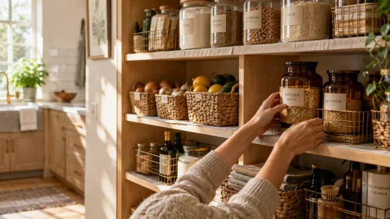 Hands placing a jar of rolled oats on wooden pantry shelves stocked with dry goods and woven baskets.