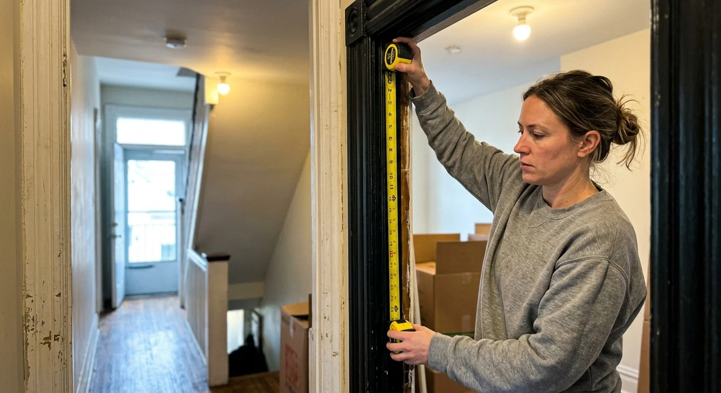 A woman measuring a black painted doorway frame with a yellow tape measure inside a hallway.