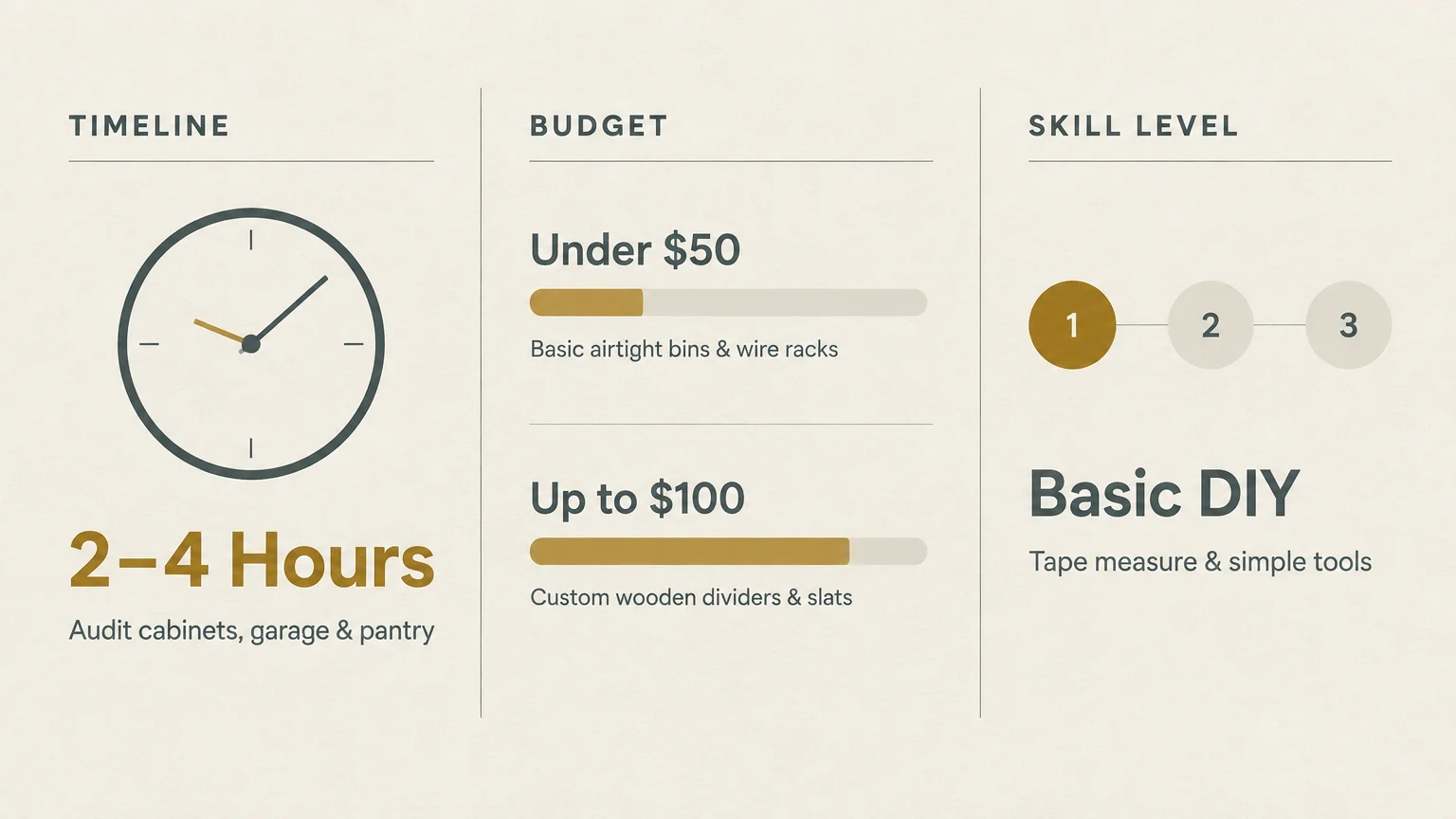 Diagram outlining timeline of 2–4 hours, budget tiers from under $50 to $100, and a basic DIY skill level.