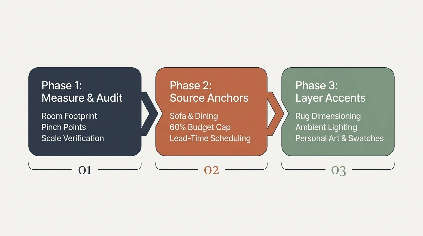 A horizontal flowchart showing three steps: Phase 1 Measure & Audit, Phase 2 Source Anchors, and Phase 3 Layer Accents.