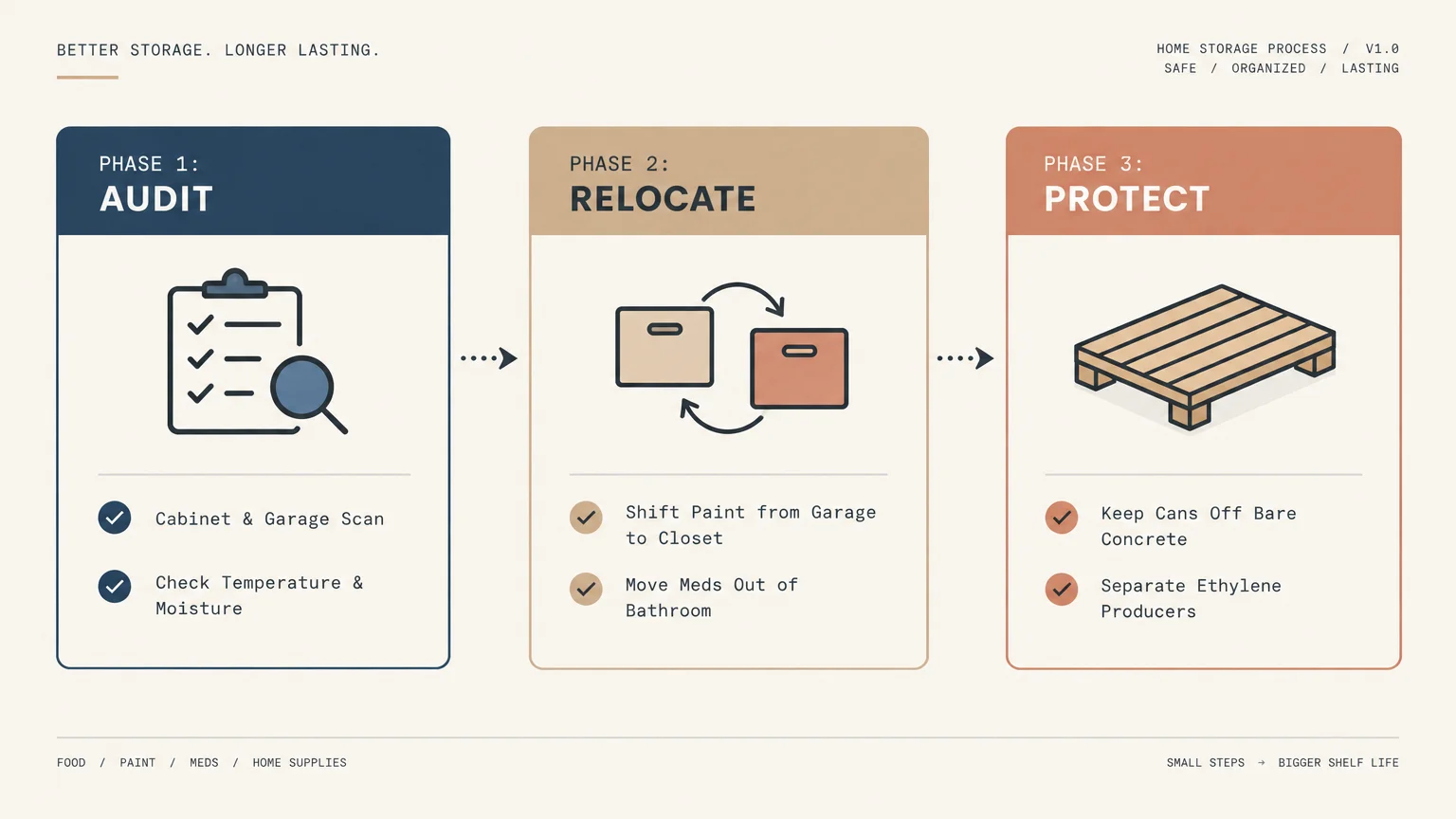 Three-step diagram outlining storage phases: Phase 1 Audit, Phase 2 Relocate, and Phase 3 Protect, with icons and bullet points.
