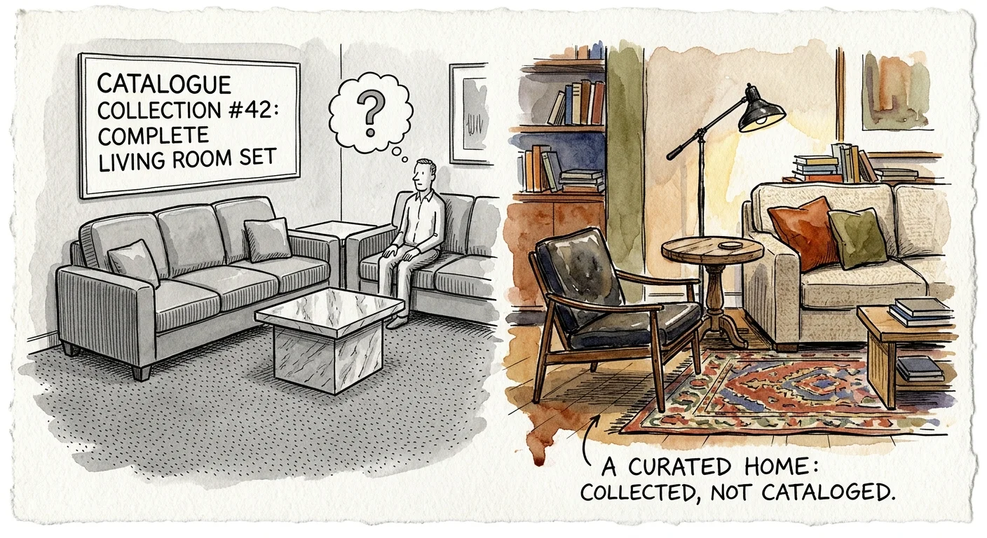 Split illustration comparing a sterile grayscale matching living room suite with a warm, eclectically furnished room.