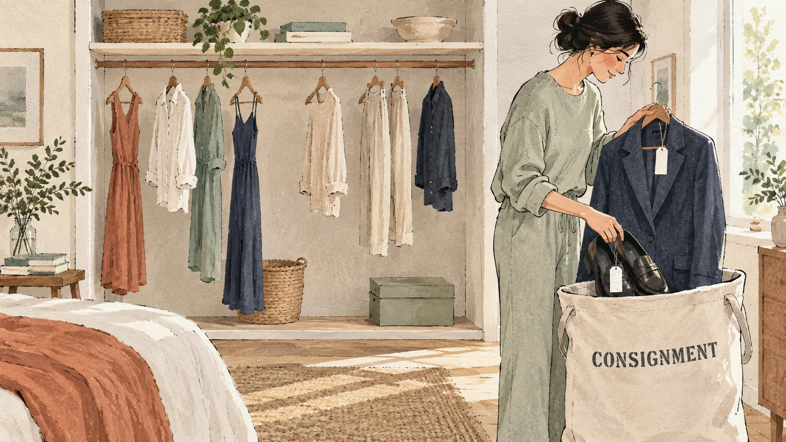 Illustration of a woman placing shoes and a blazer into a consignment hamper in front of an organized closet.