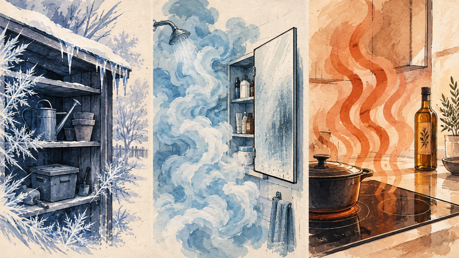 Watercolor triptych showing a frozen outdoor shed, a steamy bathroom cabinet, and a hot stovetop beside olive oil.