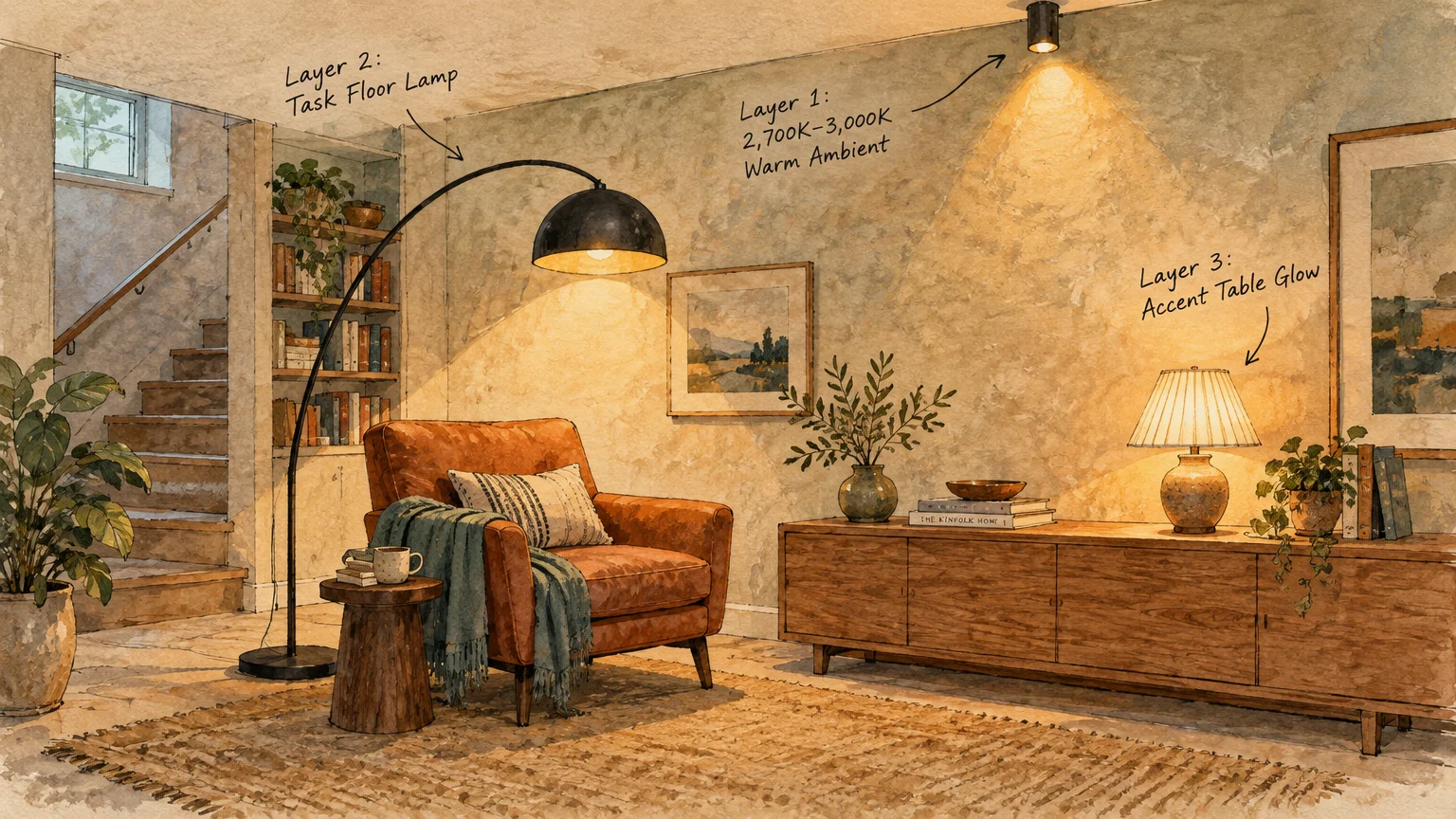 Illustration of a cozy basement living room diagramming three warm lighting layers with an armchair, lamp, and credenza.