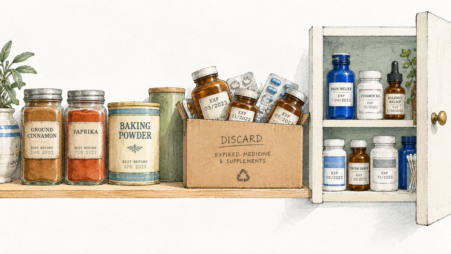 Illustration of spice jars, baking powder, and a discard box of expired medicine beside an open medicine cabinet.