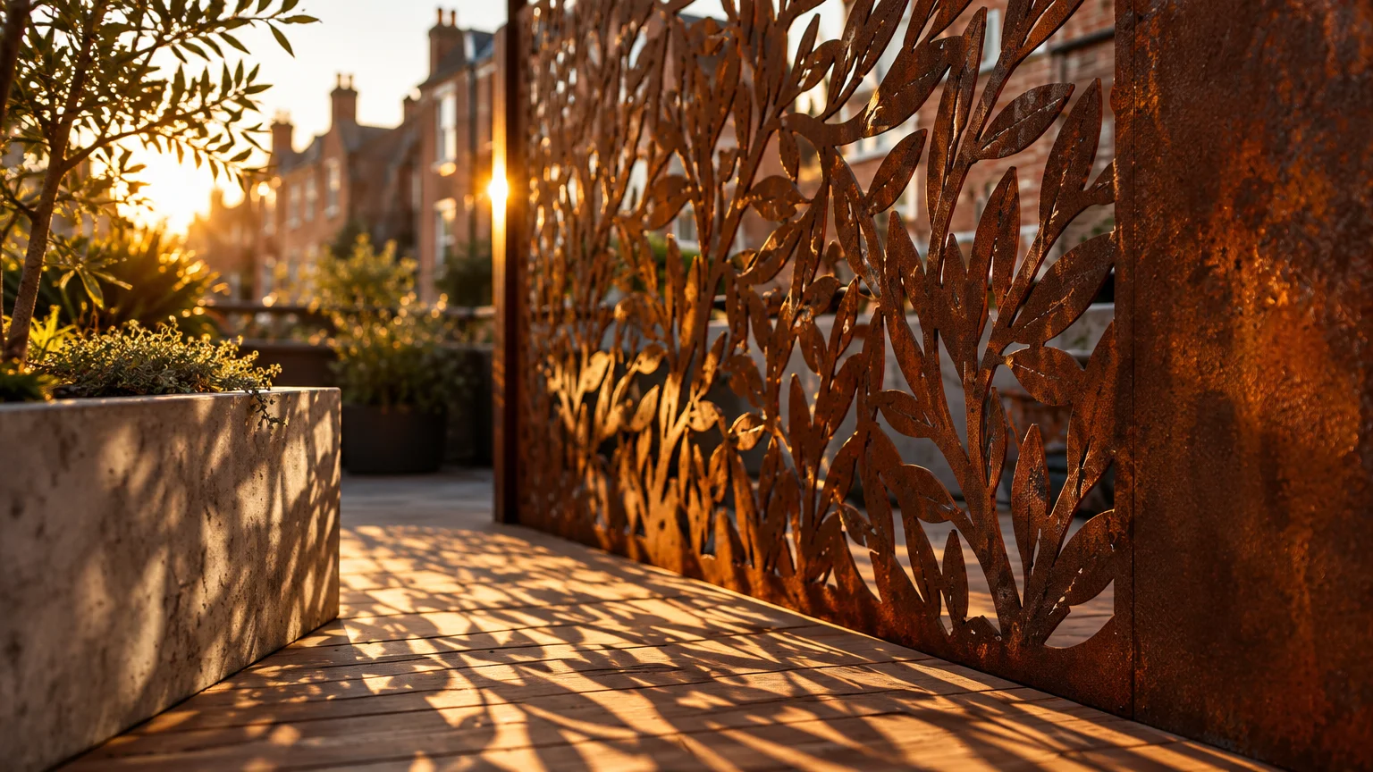 Rusted corten steel privacy screen with laser-cut leaf pattern casting intricate shadows across a wooden deck at sunset.