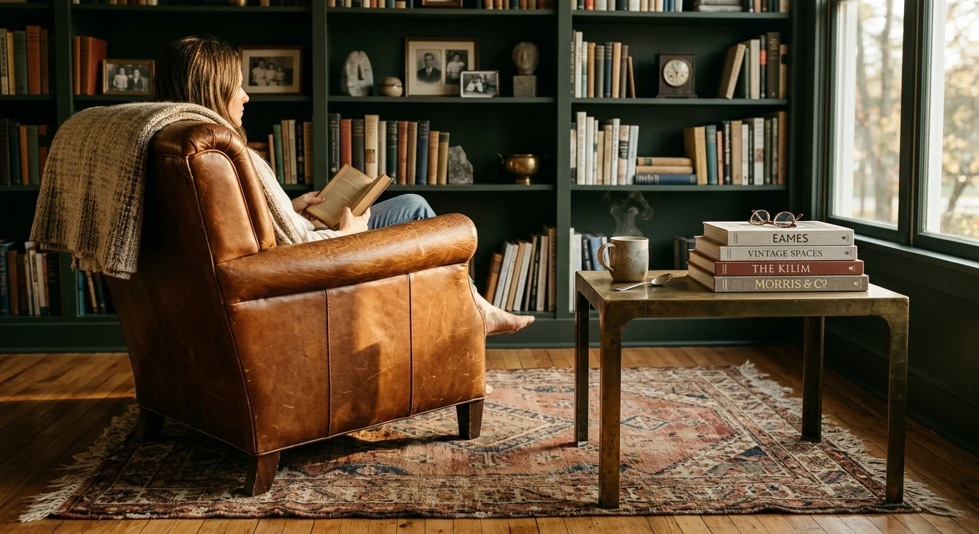 Woman reading in a leather armchair in a library room with dark green bookshelves, an ornate rug, and a small table.