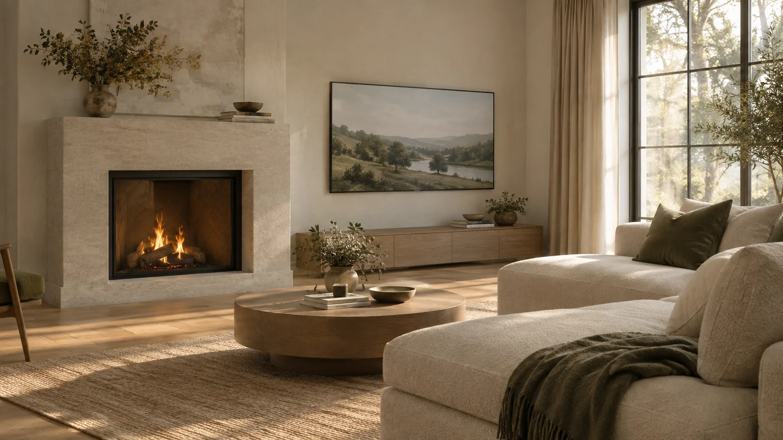 Modern living room with a lit stone fireplace beside a wall-mounted TV displaying landscape art, near a sectional sofa.