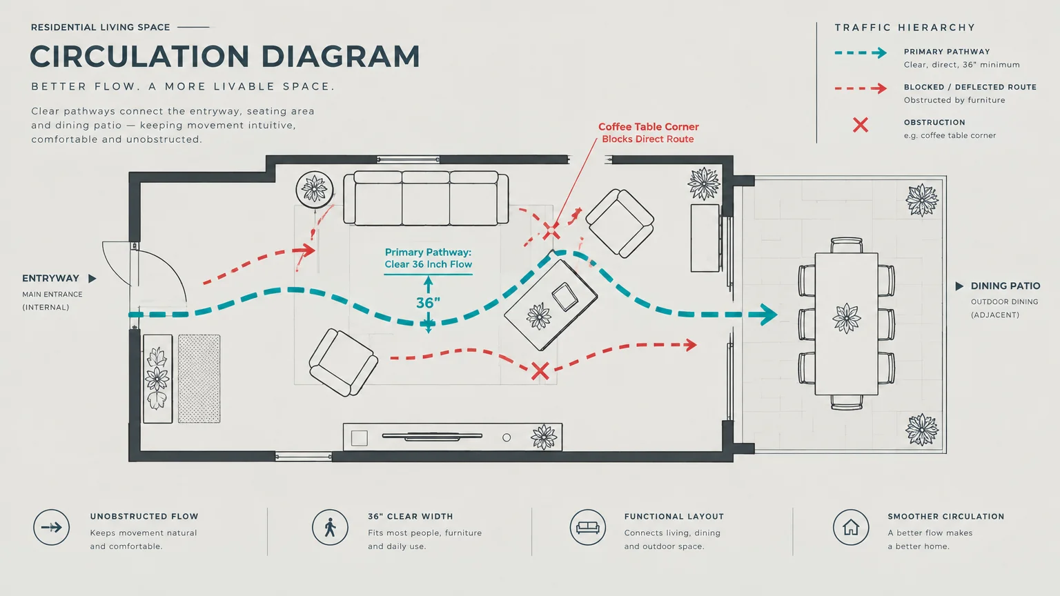 Floor plan circulation diagram showing a 36-inch primary pathway and blocked routes through a living room to a patio.