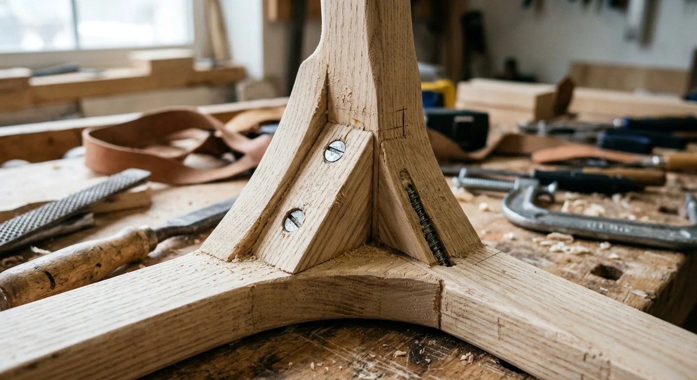 Close-up of wooden furniture joints reinforced with a corner block and screws on a workshop workbench.