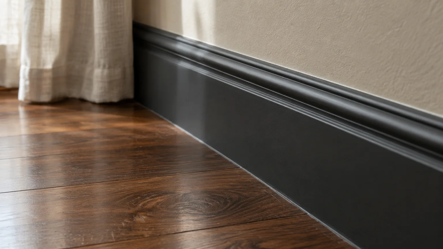 Black baseboard molding installed along a dark hardwood floor and light beige wall near a white curtain.