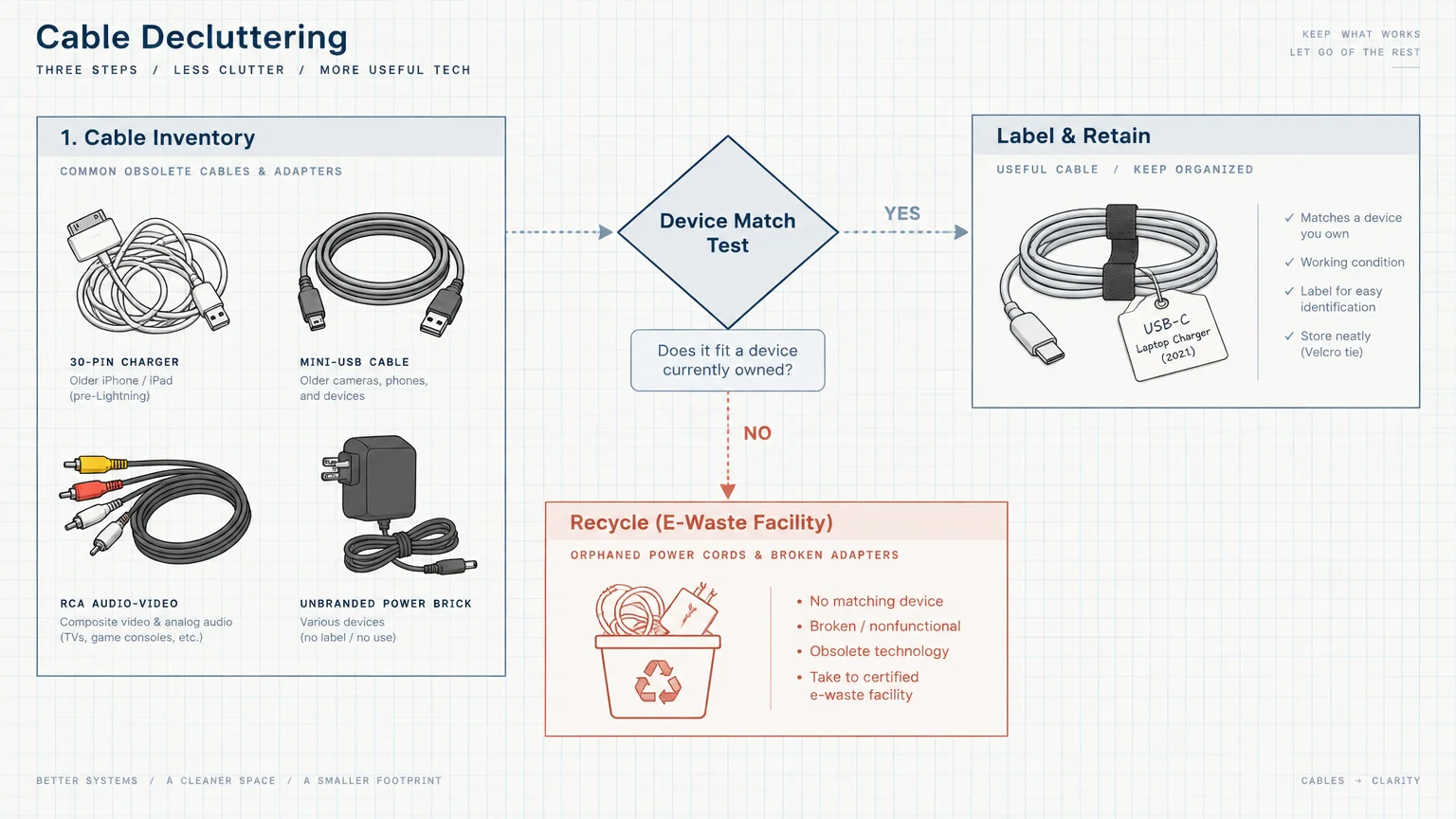 Flowchart diagram showing cable inventory, a device match decision test, and paths to either label or recycle e-waste.