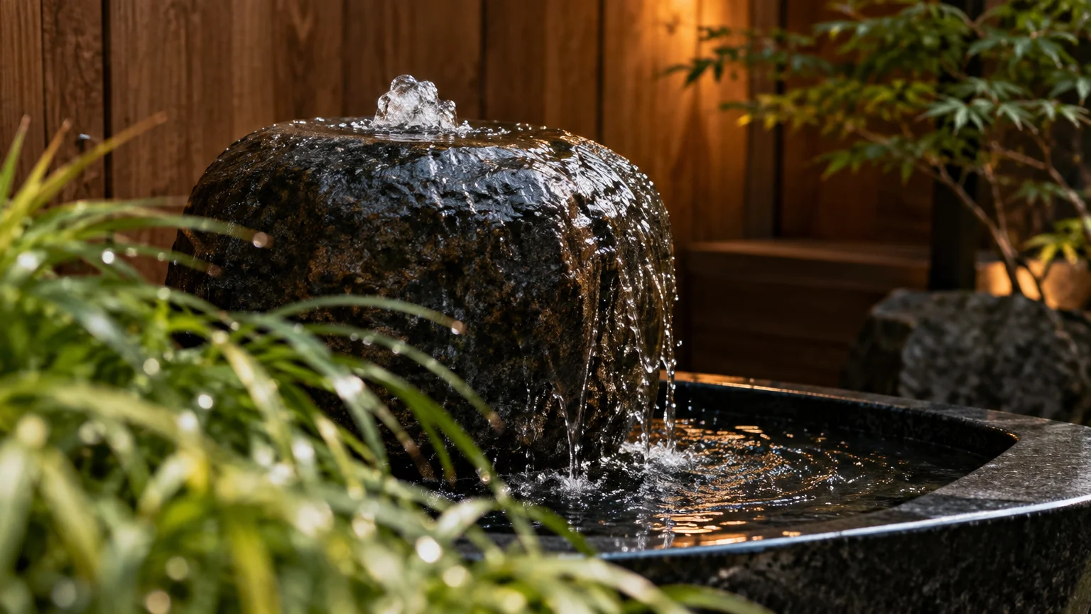 Water bubbling over a dark, textured boulder fountain into a stone basin beside foliage and a wooden fence.