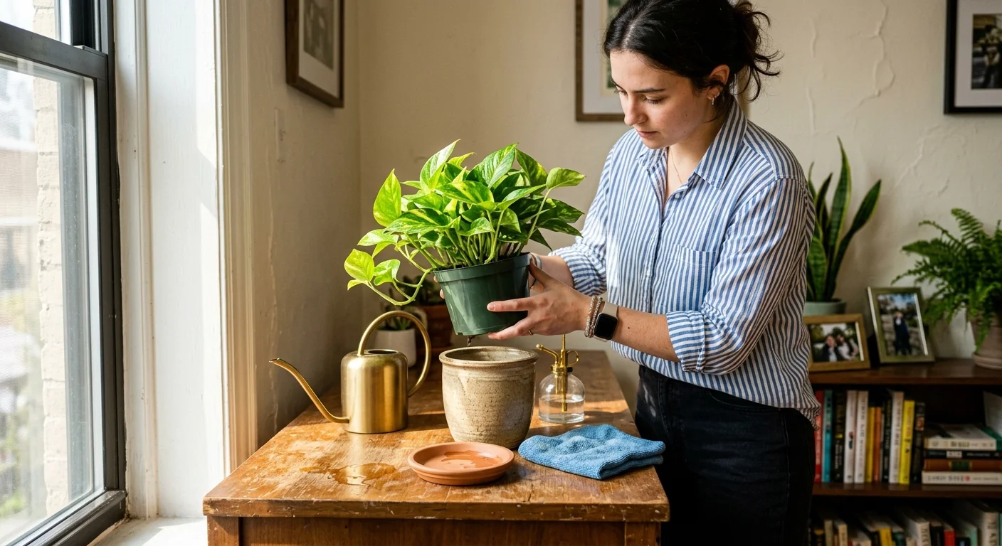 A woman lifts a potted plant from a ceramic pot on a wooden table next to a brass watering can.