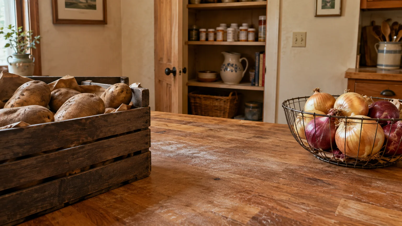 A wooden crate of potatoes sits beside a wire basket of yellow and red onions on a rustic kitchen countertop.