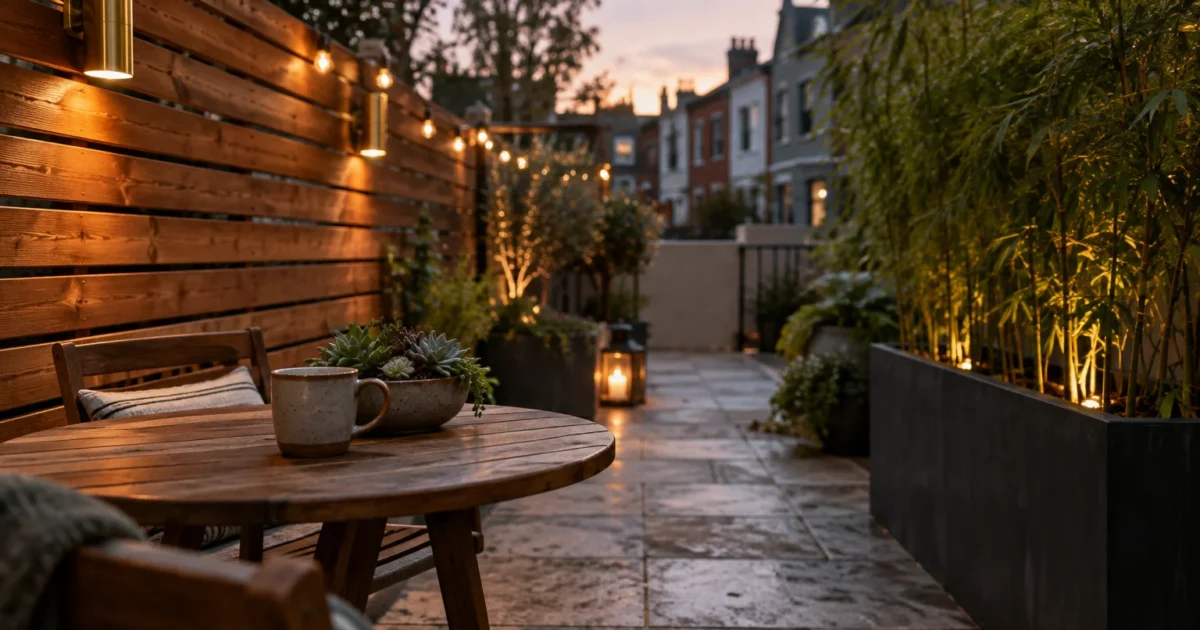 Small stone patio at dusk with wooden privacy fence, string lights, bamboo planter, and a wooden table with a mug.