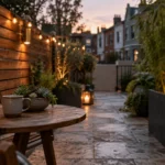 Small stone patio at dusk with wooden privacy fence, string lights, bamboo planter, and a wooden table with a mug.