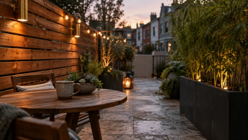 Small stone patio at dusk with wooden privacy fence, string lights, bamboo planter, and a wooden table with a mug.