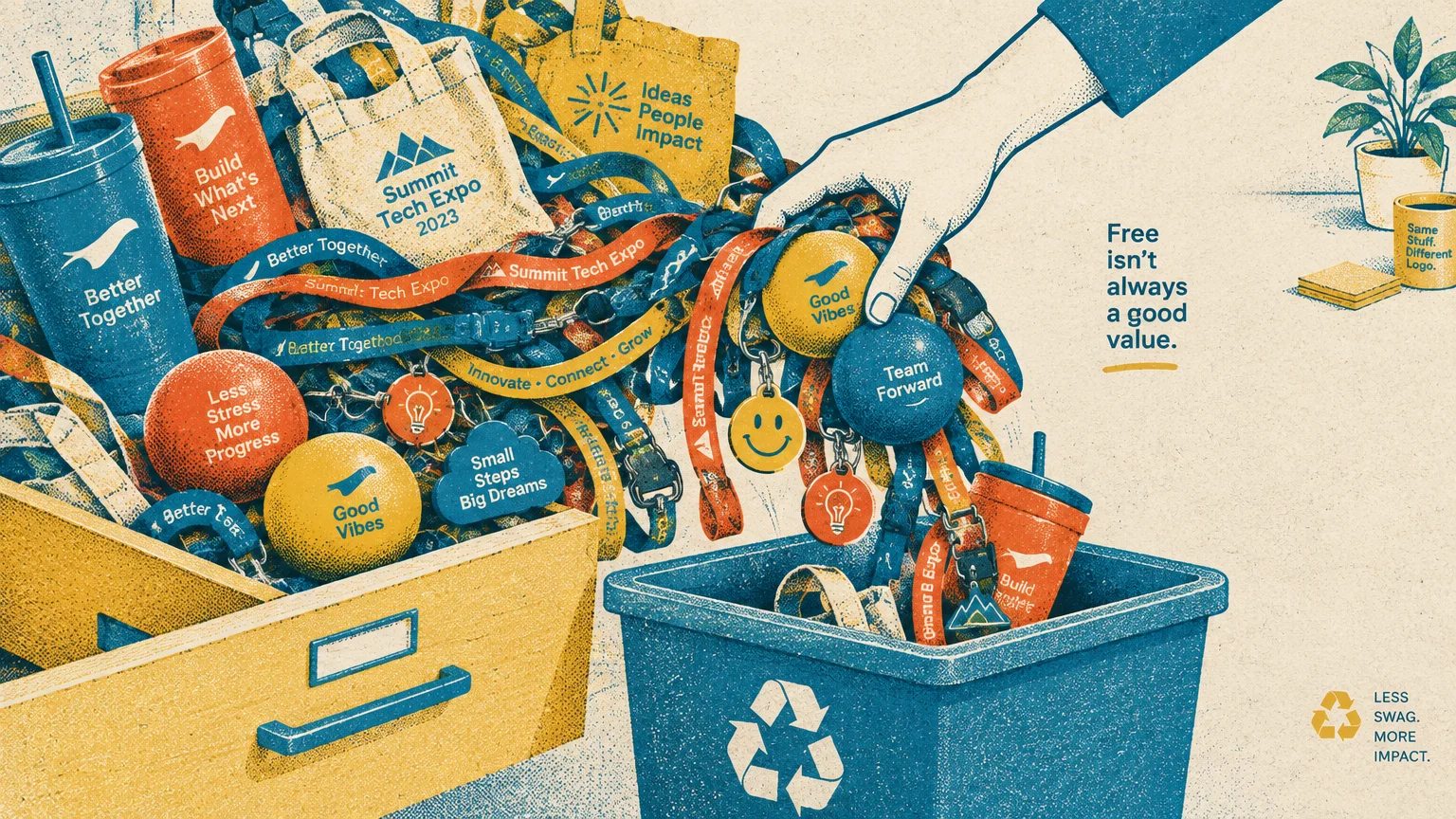Illustration of a hand discarding branded lanyards, tumblers, and stress balls from a drawer into a blue recycling bin.